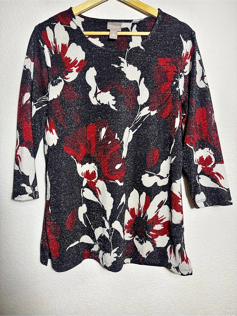 Chicoโs Metallic Floral Print Shimmer Knit Tunic Top